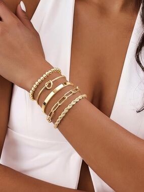 5pc 18k Gold Plated Stainless Steel Trendy Bracelet Set